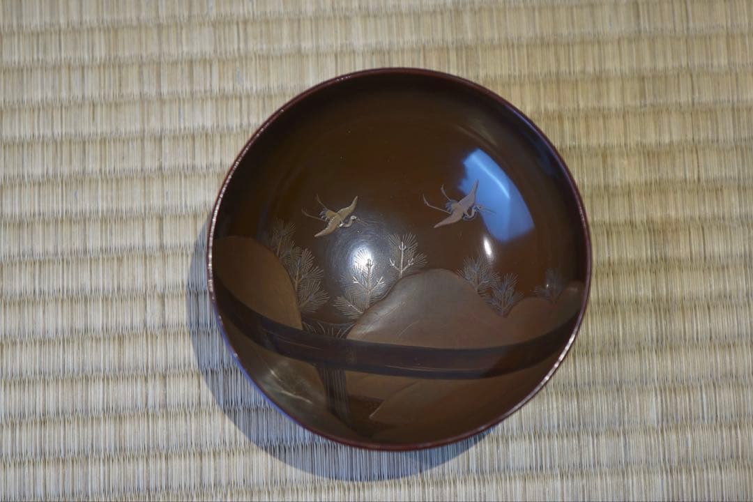 松に鶴・山水図蒔絵 溜塗 吸物椀 2客/ 高級 木製漆器 祝儀 茶懐石