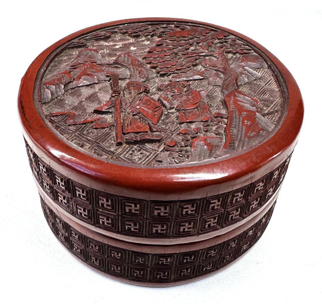 明時代 堆朱 木製剔紅彫松下高士紋蓋盒 共箱古代漆器 時代物 唐物WWWT086