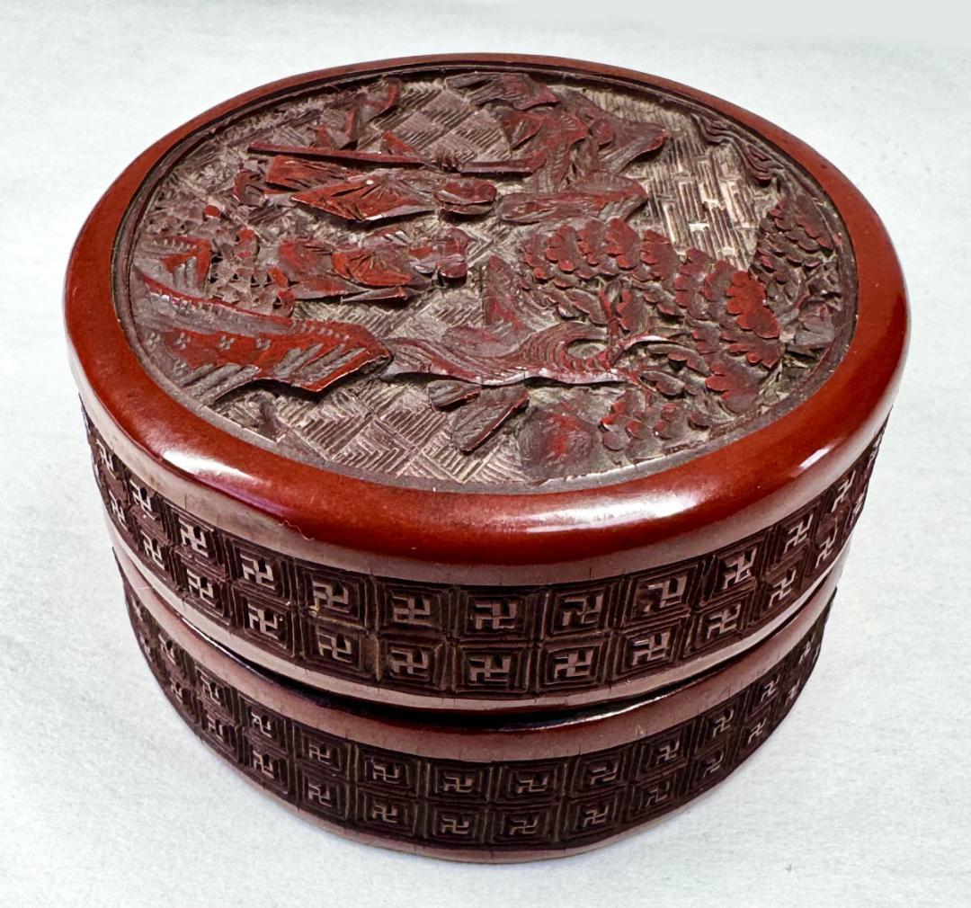 明時代 堆朱 木製剔紅彫松下高士紋蓋盒 共箱古代漆器 時代物 唐物WWWT086