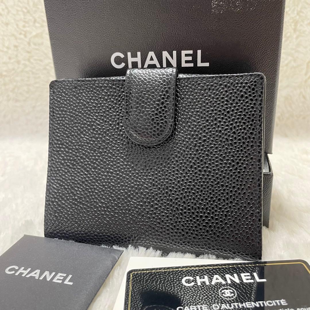 箱付き CHANEL シャネル ココマーク キャビアスキン コンパクトウォレット