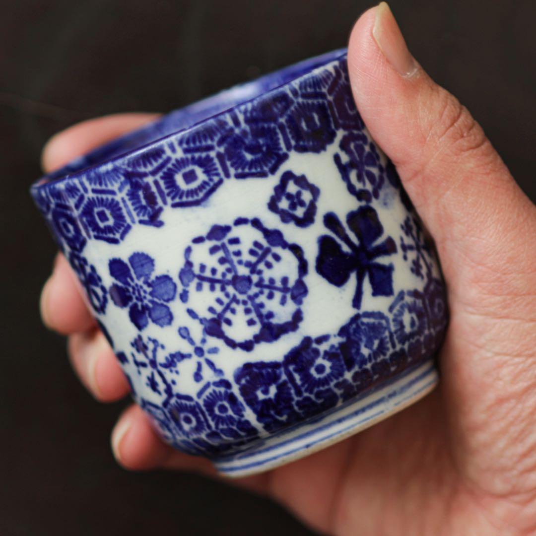 明治　大正　湯呑み　型紙摺　印判　雪輪　雪　結晶