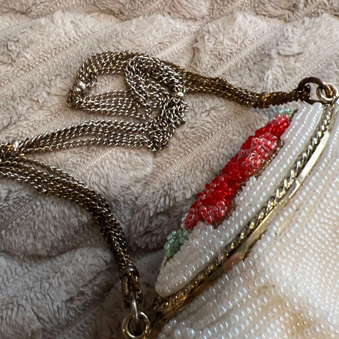 和装バッグ　総ビーズ刺繍花のホワイトクラッチバッグ