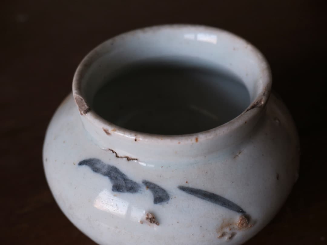 朝鮮美術　李朝白磁染付壺　李朝壷　李朝染付壺　華道具　朝鮮古陶　Q1900