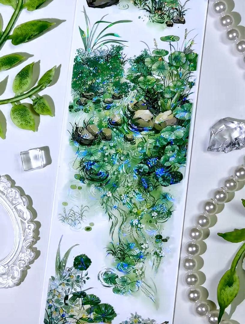 【9422】海外マステ　3/5/巻　貝殻光マスキングテープ　池　金魚　背景装飾系