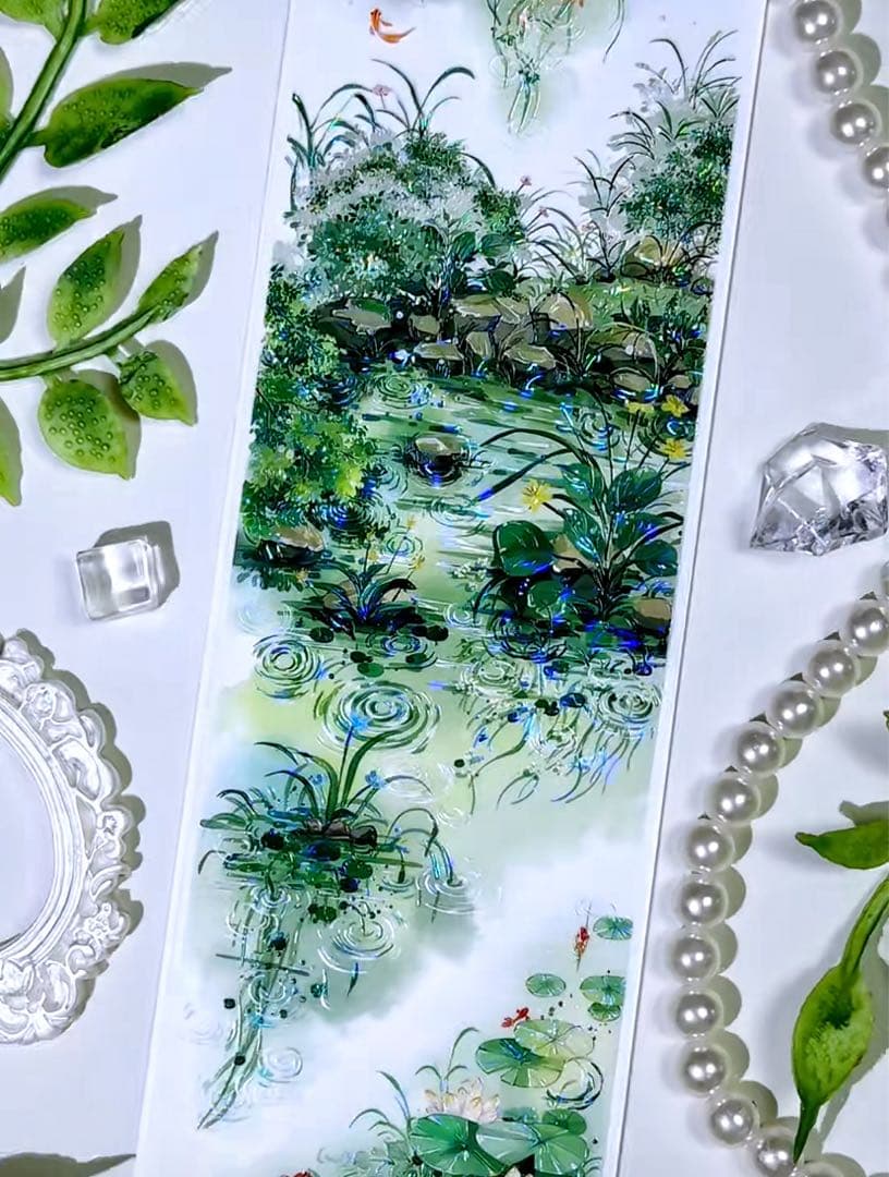 【9422】海外マステ　3/5/巻　貝殻光マスキングテープ　池　金魚　背景装飾系