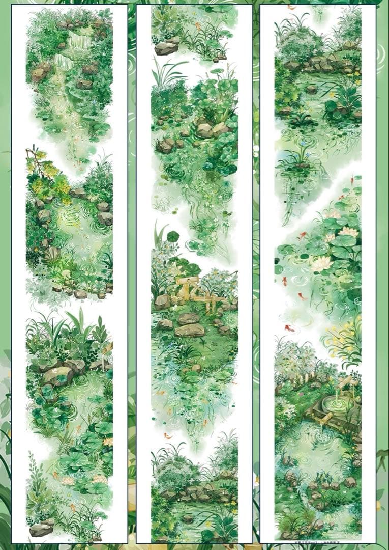 【9422】海外マステ　3/5/巻　貝殻光マスキングテープ　池　金魚　背景装飾系