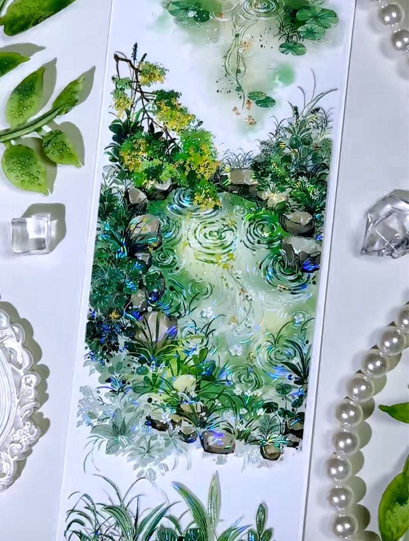 【9422】海外マステ　3/5/巻　貝殻光マスキングテープ　池　金魚　背景装飾系