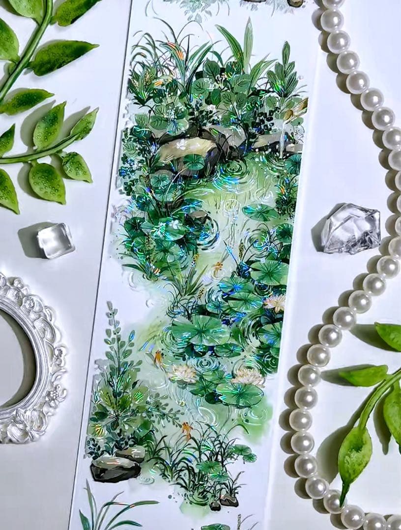 【9422】海外マステ　3/5/巻　貝殻光マスキングテープ　池　金魚　背景装飾系