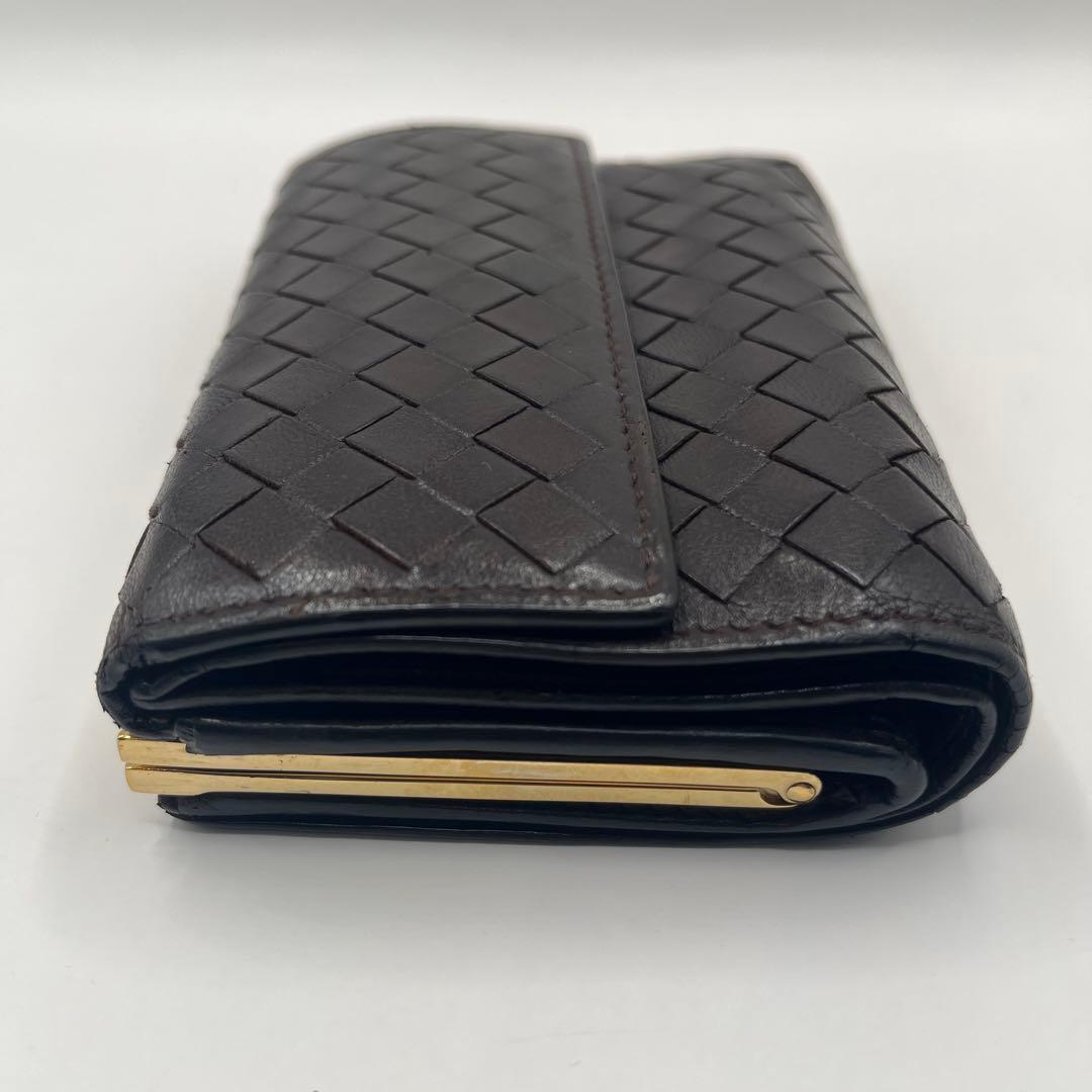 【鑑定済正規品】 ボッテガヴェネタ イントレチャート がま口 三折財布　ブラウン
