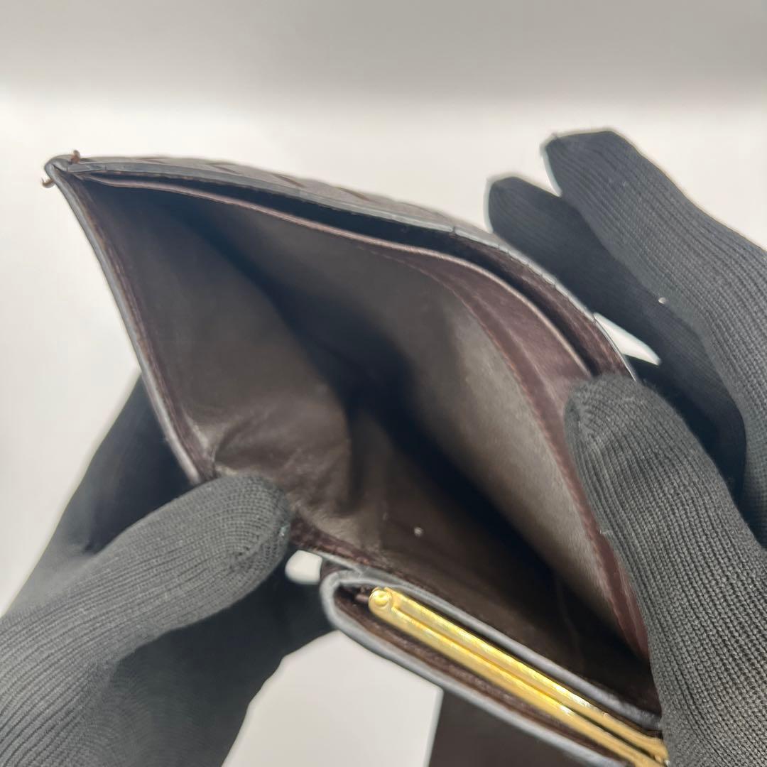 【鑑定済正規品】 ボッテガヴェネタ イントレチャート がま口 三折財布　ブラウン