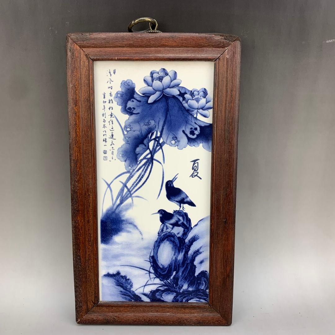 景徳鎮 青花花鳥春夏秋冬図陶板画 応接間 書斎 装飾品 工芸品 美術品 置物