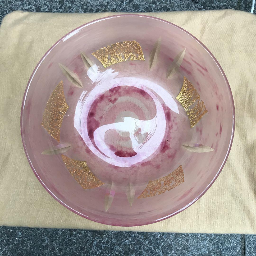 ガラス工芸家　藤田潤 金彩　カット文鉢　ガラスの器