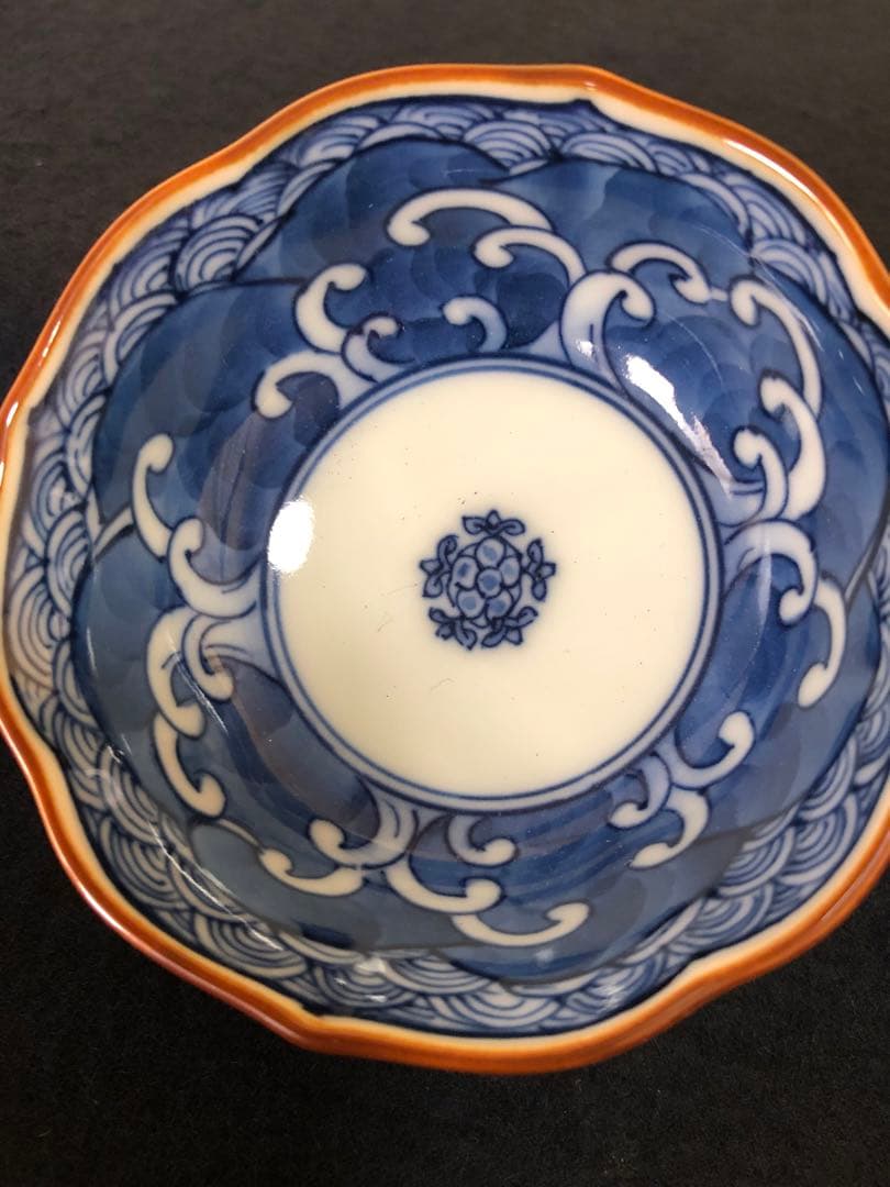 《レ》源右衛門作 染付四海波 輪花 猪口5客 酒器 共箱　251127お1