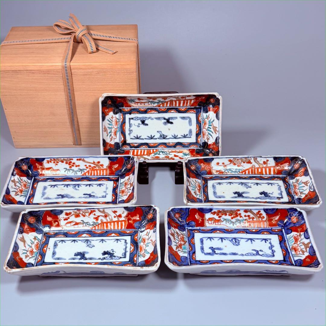 幕末～明治期　古伊万里　染錦手　松竹梅文様　長皿　特注高級桐箱付き　古器を楽しむ