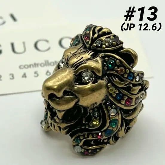 亀様 グッチ ライオンヘッド マルチカラー ラインストーン GP リング 指輪