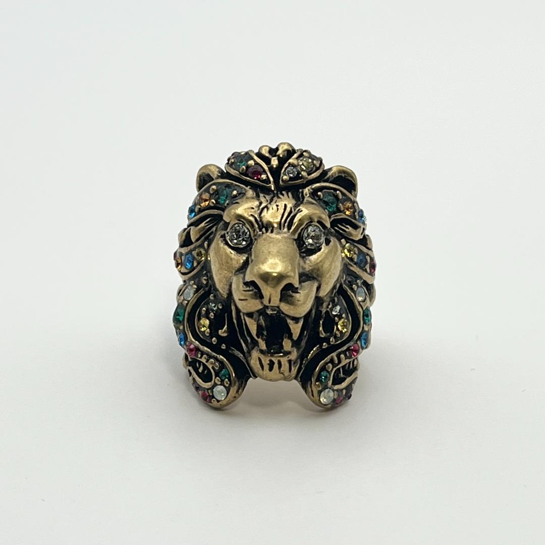 亀様 グッチ ライオンヘッド マルチカラー ラインストーン GP リング 指輪