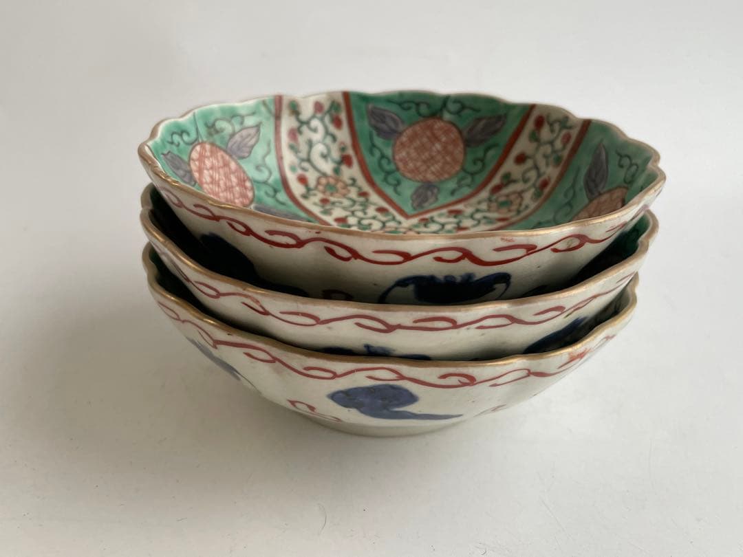 骨董　アンティーク　古伊万里　色絵　花唐草文様　膾皿　なます皿　3枚