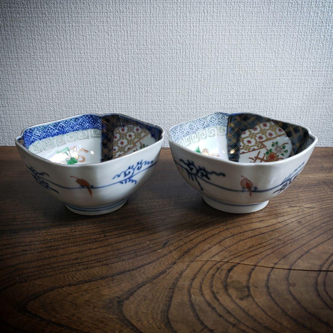 角向付　2客　色絵付　小鉢　古伊万里　寿　上手物　江戸　明治　訳あり