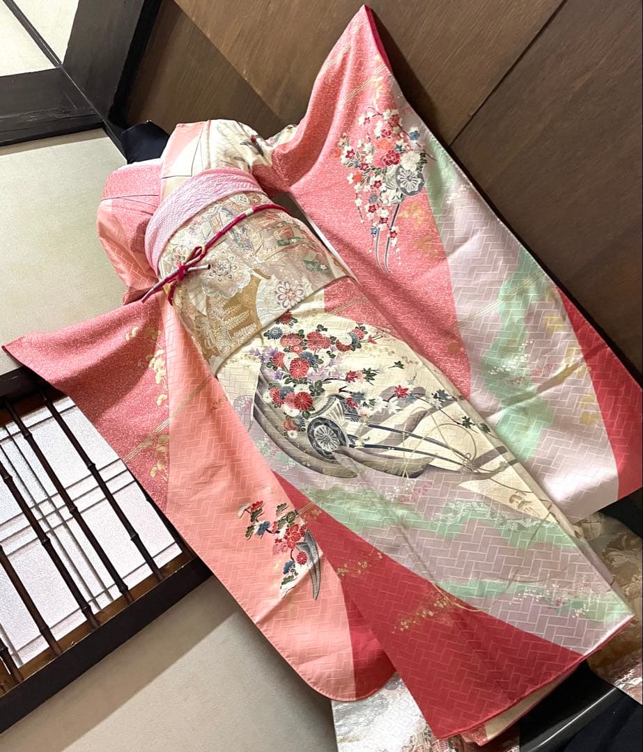 振袖 フルセット6点サイズS〜M 花車文　金彩　正絹