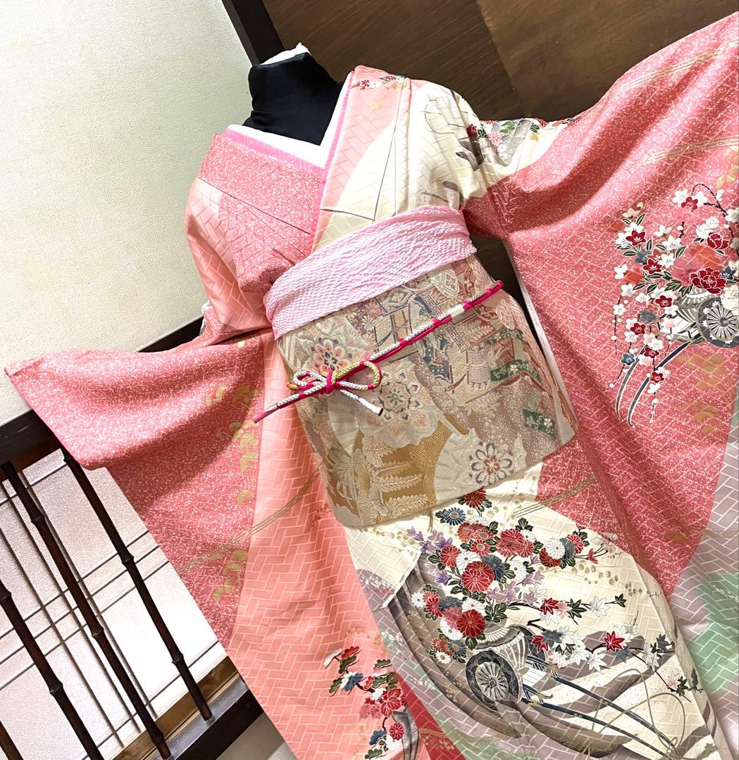 振袖 フルセット6点サイズS〜M 花車文　金彩　正絹