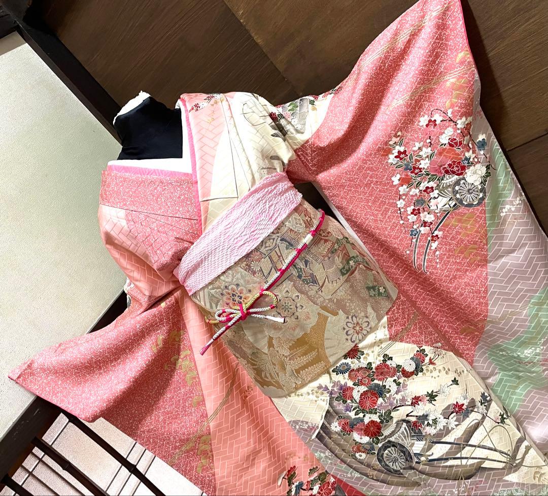 振袖 フルセット6点サイズS〜M 花車文　金彩　正絹