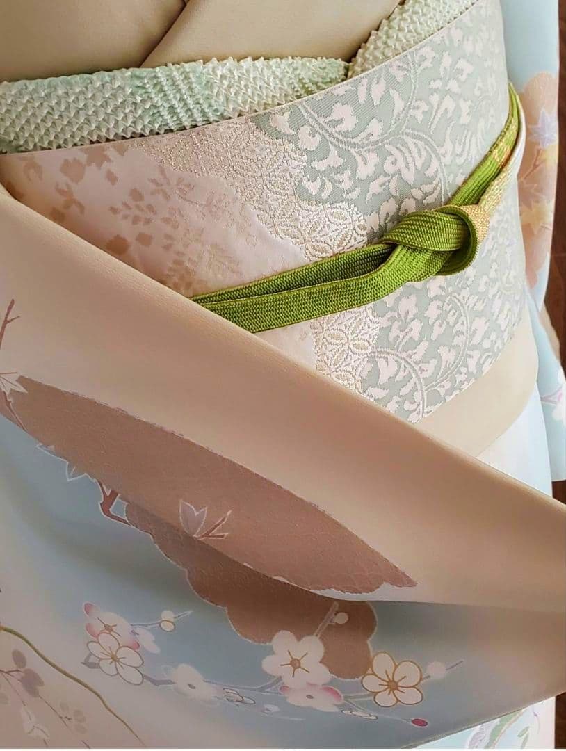 逸品SALE☆【着物帯セット＊】鶸色の古典柄訪問着　トールサイズ　裄68　入学式