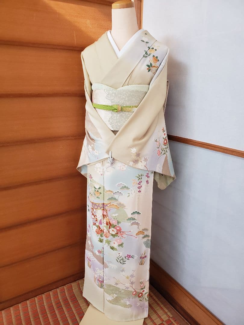 逸品SALE☆【着物帯セット＊】鶸色の古典柄訪問着　トールサイズ　裄68　入学式