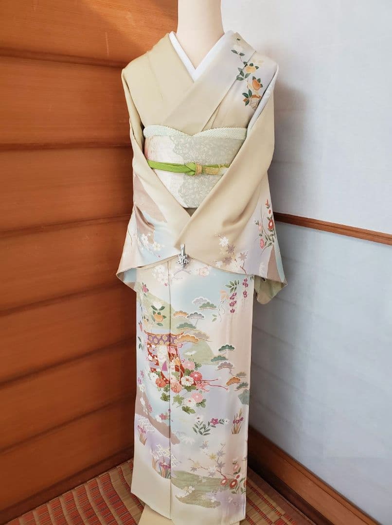 逸品SALE☆【着物帯セット＊】鶸色の古典柄訪問着　トールサイズ　裄68　入学式