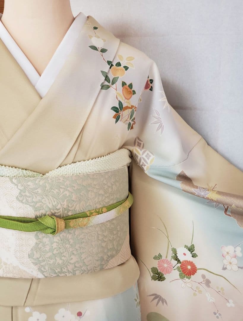 逸品SALE☆【着物帯セット＊】鶸色の古典柄訪問着　トールサイズ　裄68　入学式