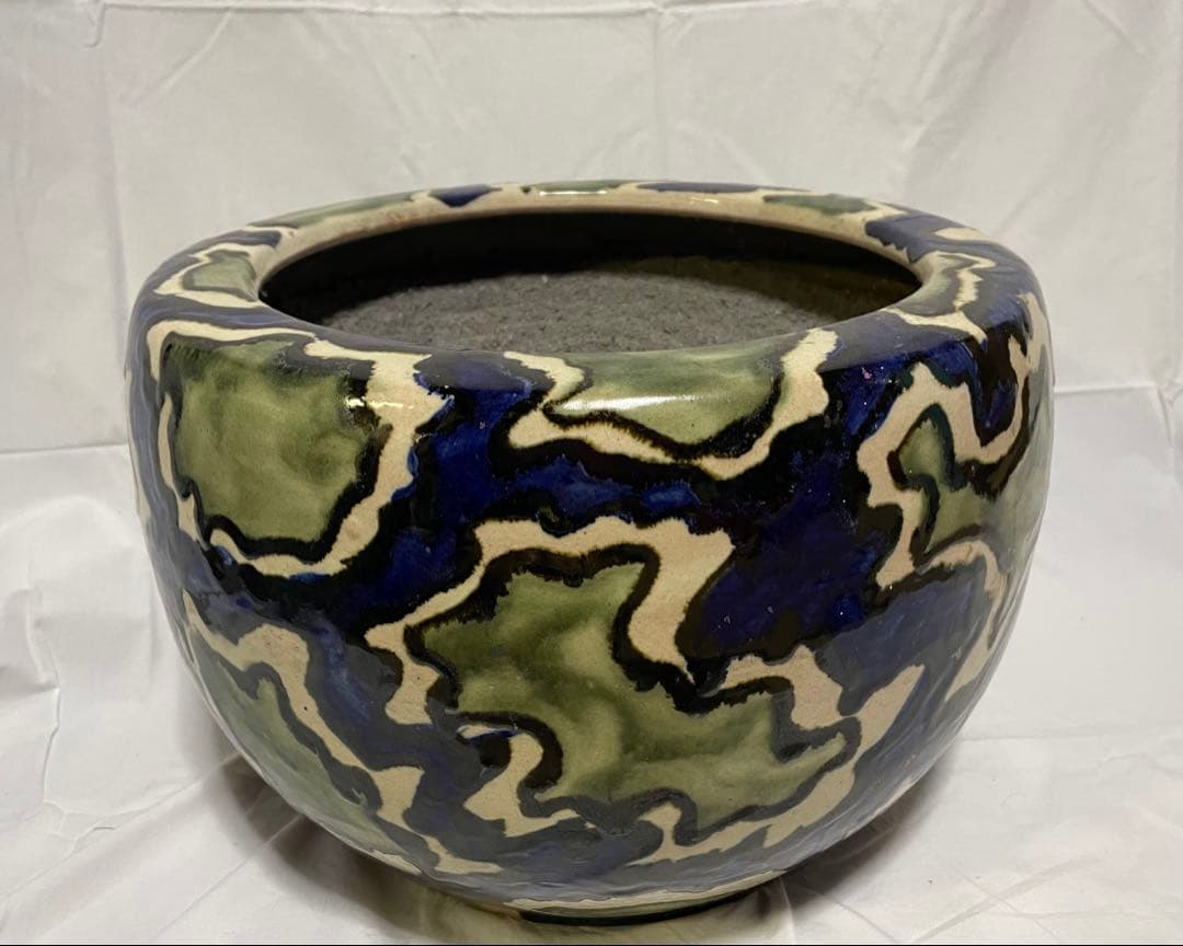 陶器製 火鉢 緑と青の模様