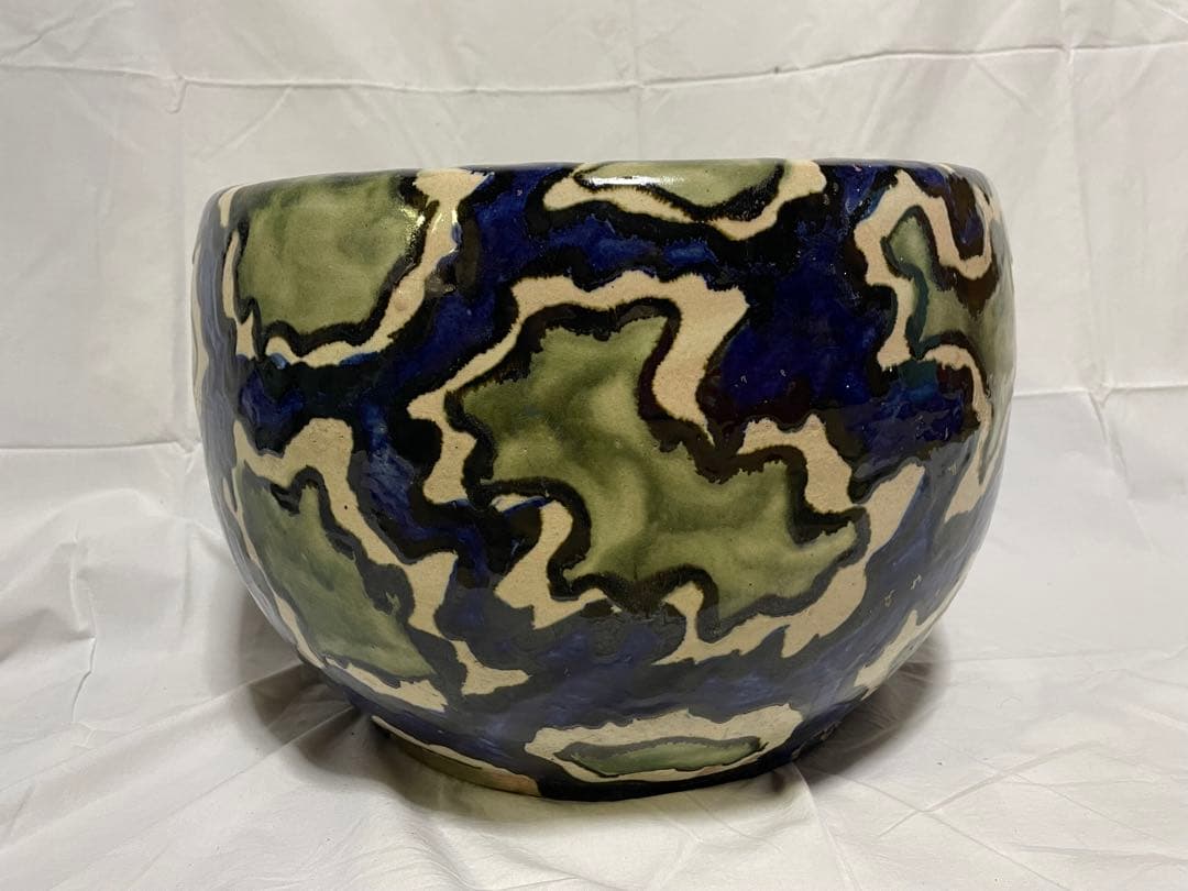 陶器製 火鉢 緑と青の模様