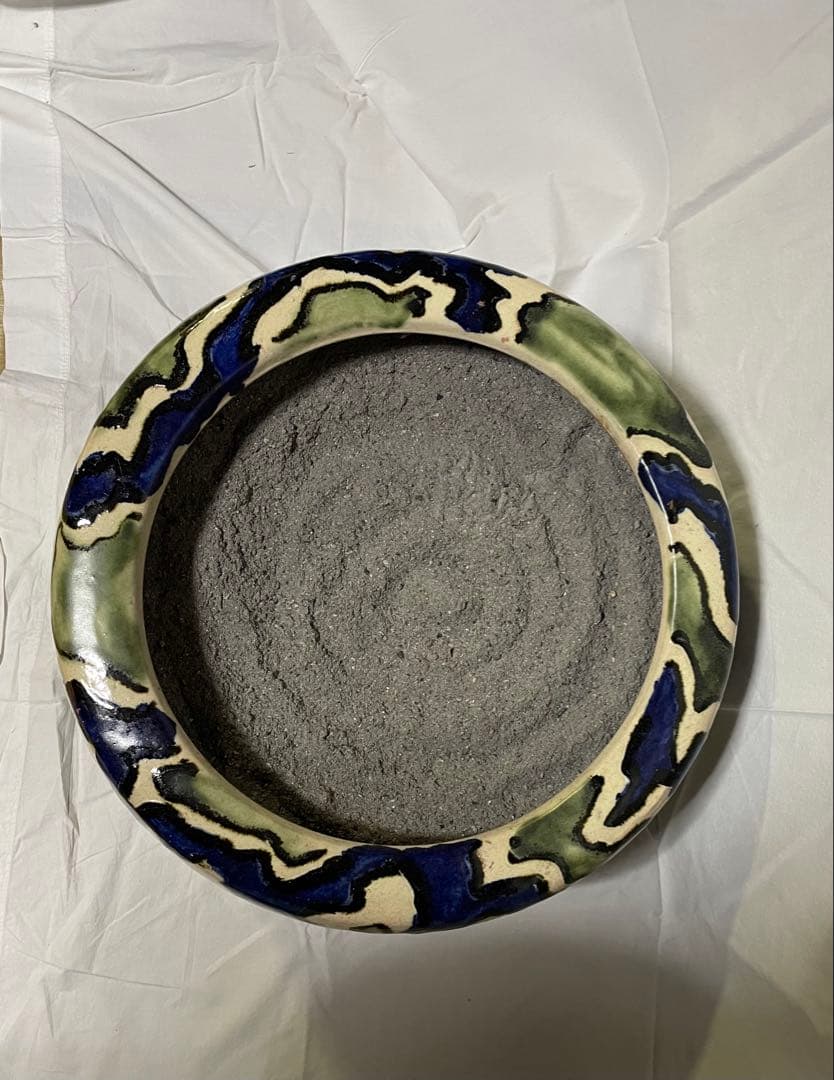 陶器製 火鉢 緑と青の模様