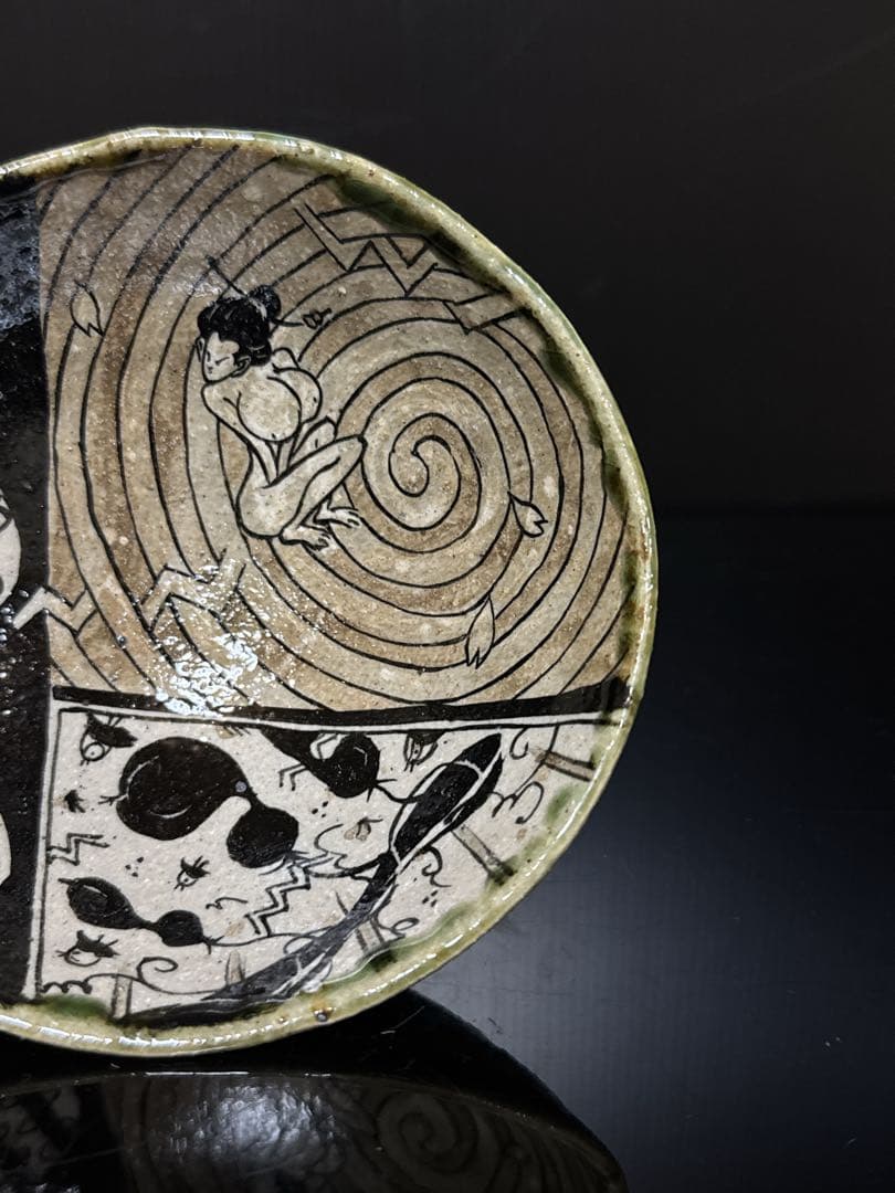 秀逸品 池田省吾 作 渦裸婦図 織部 茶碗 蓋絵桐共箱付 茶道具