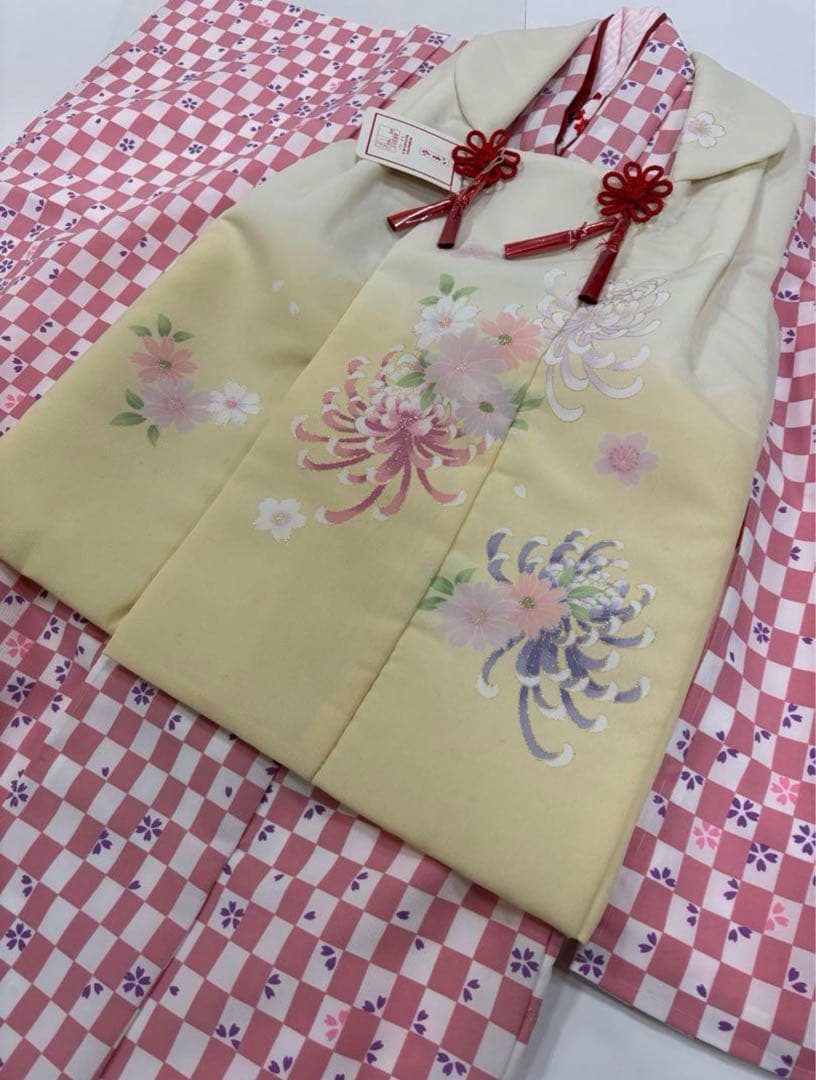 七五三　3歳女の子　着物セット　ピンク市松　紫桜　オフ白　乱菊　クリーム色　新品