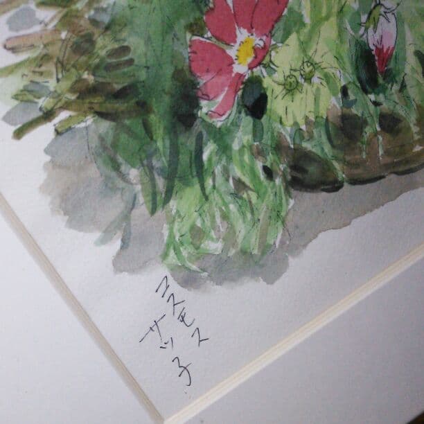 作家物【コスモス水彩画】瑞々しい摘みたてのコスモス♪作家物、額装付き