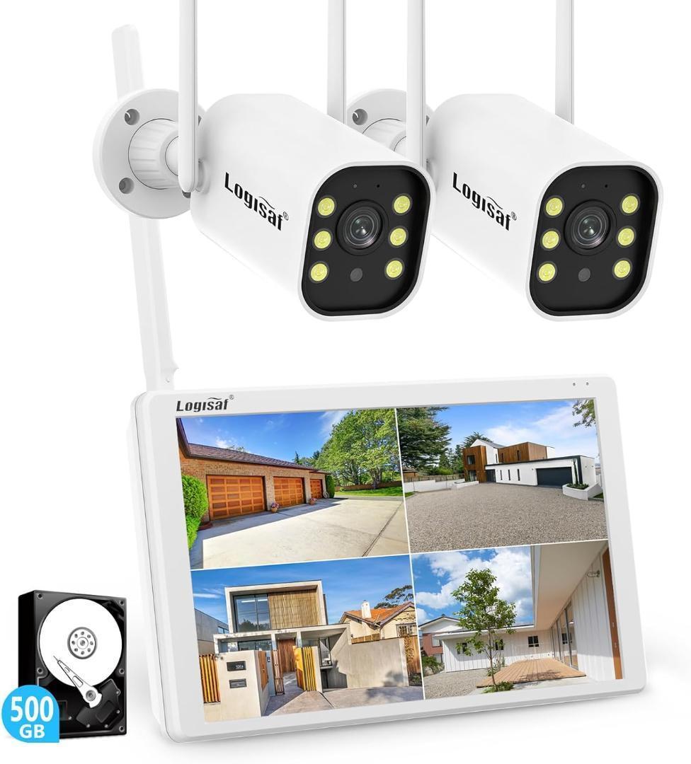 防犯カメラ 屋外 2台 モニター付き ワイヤレス 120°広角レンズ 人体検知