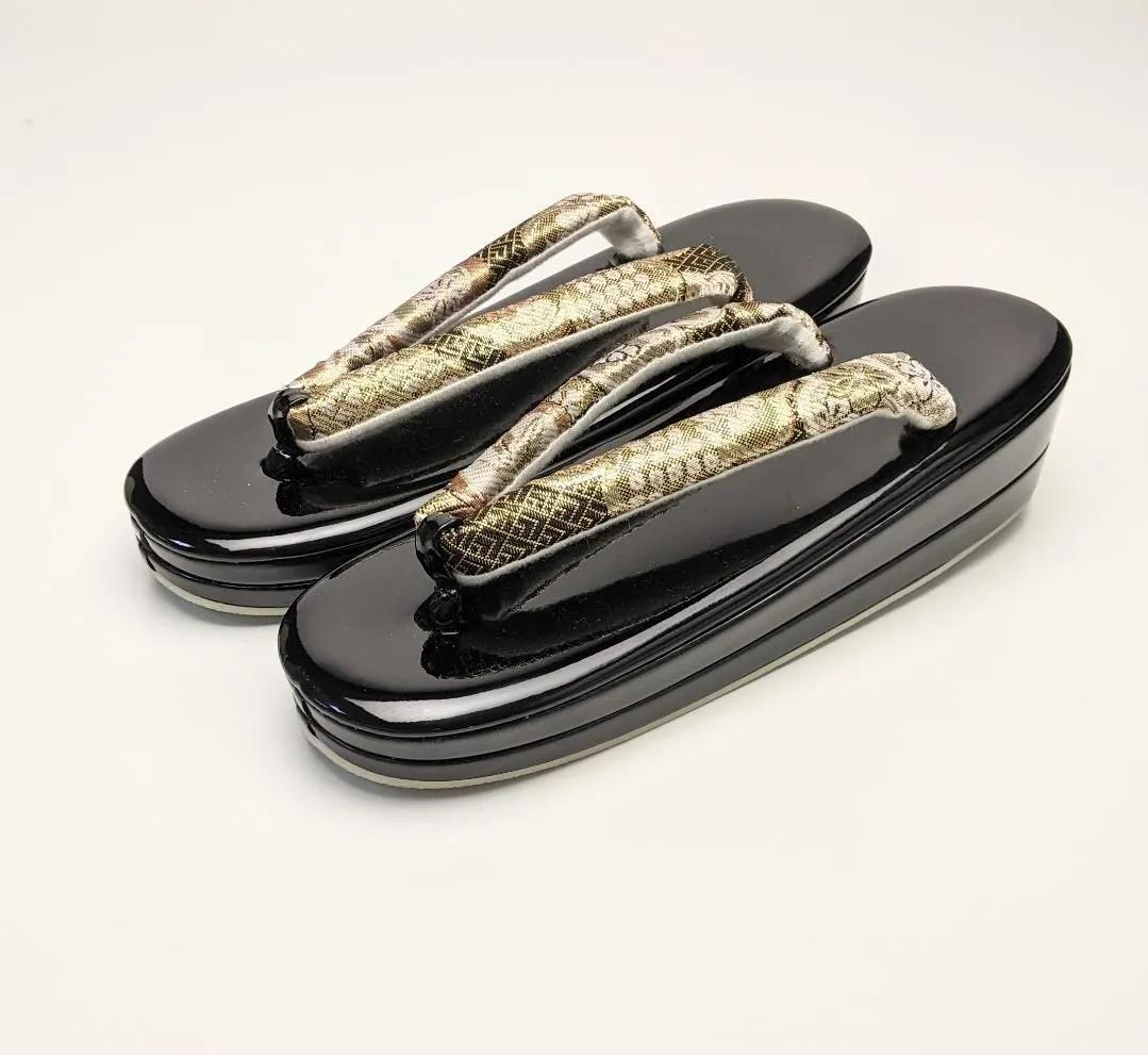 草履バッグセット 振袖 フォーマル 帯地 黒 金 桜 フリーサイズ w49-11