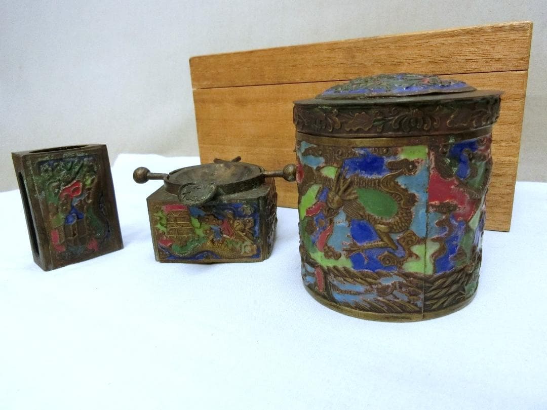 処分価21（水）22時まで【七宝容器　３点セット　煙草入れ　灰皿　マッチ立　中国