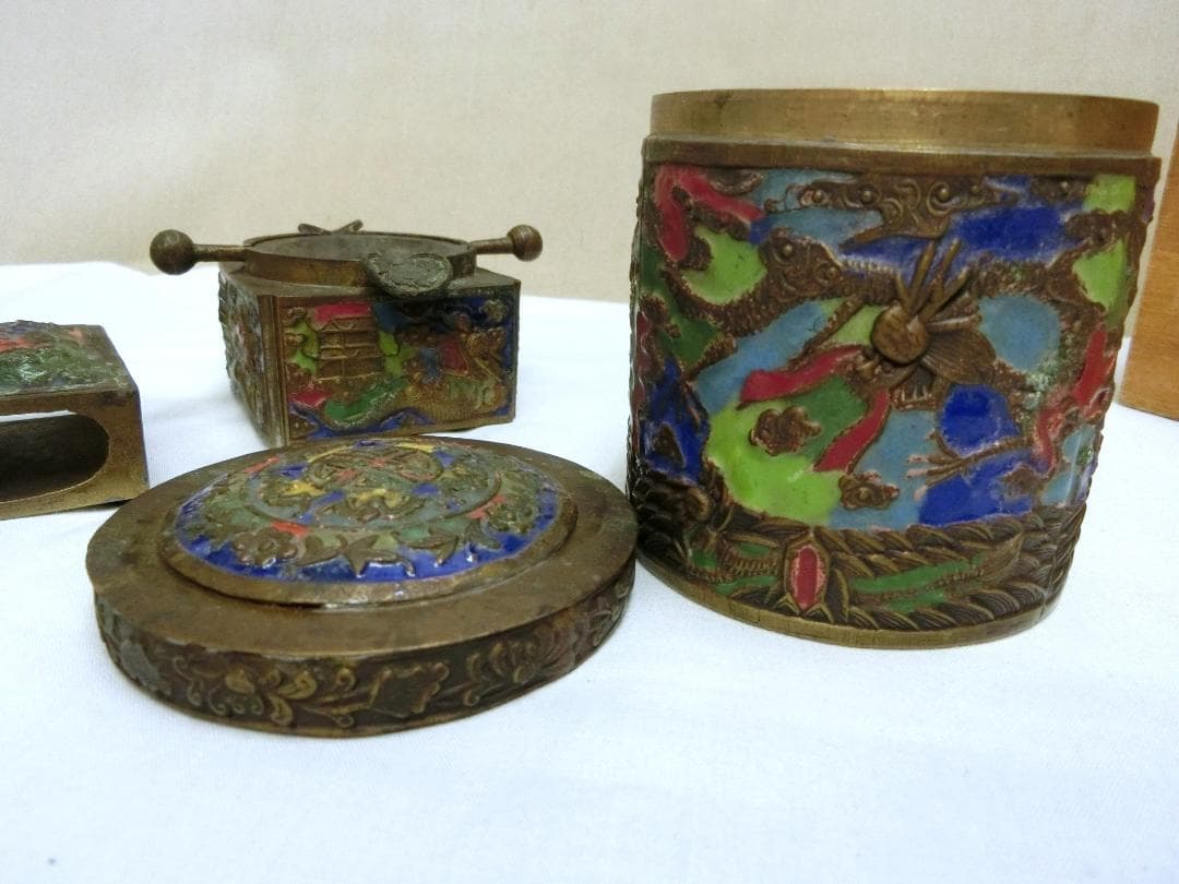七宝細工！！【七宝容器　３点セット　煙草入れ　灰皿　マッチ立　中国】インテリア
