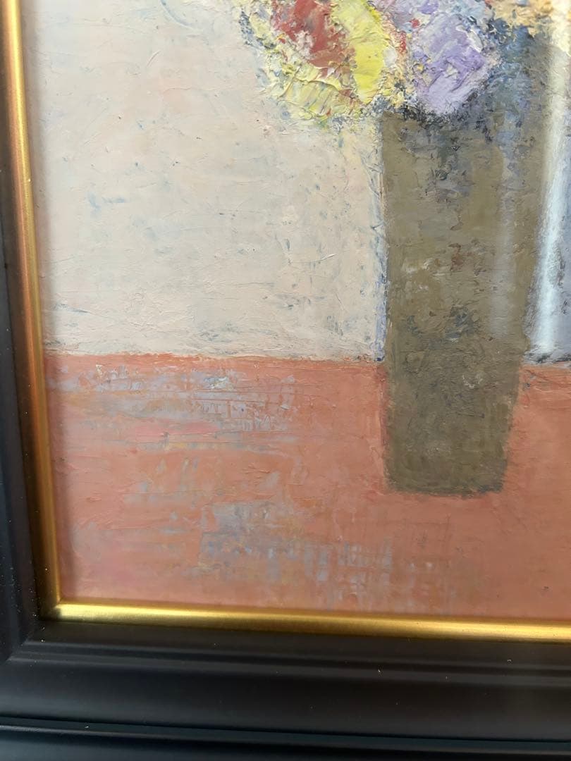 油彩画 辻みつ子「花瓶に生けた花」