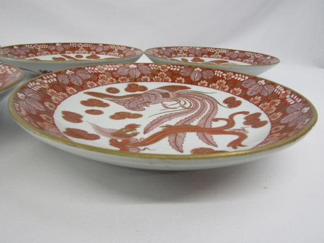 ◇明治期 九谷焼 朝日製 金彩赤絵 細密画 鳳凰文 中皿 5客 Y5-1029◇