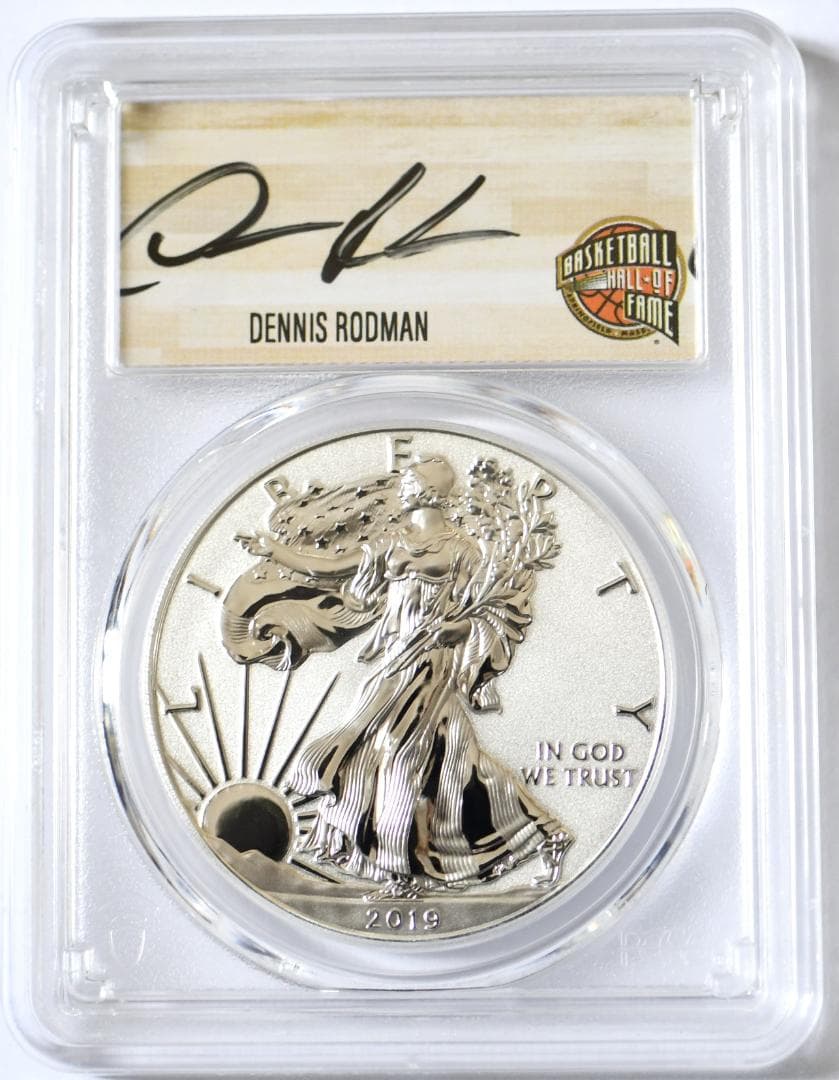 最高鑑定RevPR70　2019年イーグル銀貨　デニスロッドマン　サインラベル