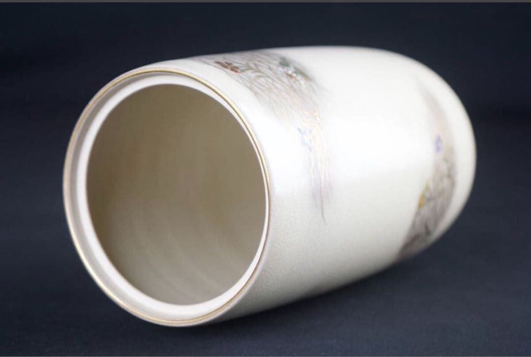 清閑寺窯 杉田祥平 造 色絵 秋の野画 水指 共箱 茶道具 金彩 中置 細水指