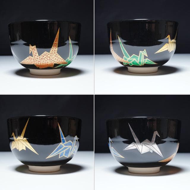 八世 高橋道八　黒釉折鶴之図茶碗　共箱　茶道具　抹茶碗　京焼