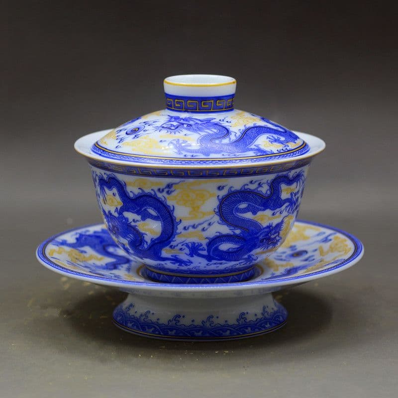 景徳鎮 青花竜紋三才蓋碗 茶碗 湯飲み煎茶器 新品未使用