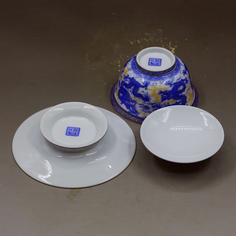 景徳鎮 青花竜紋三才蓋碗 茶碗 湯飲み煎茶器 新品未使用