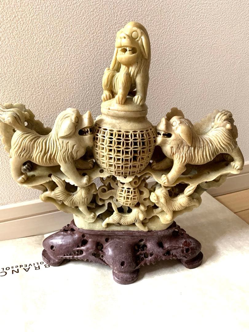 『中国』天然石 青田石 骨董彫刻アンティーク 獅子鈕蓋爐 超大香炉 置物(5)