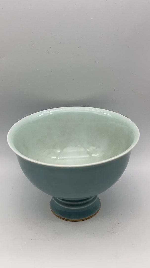 清光緒時代 【大清光緒年製】在銘 天藍釉高足杯 馬上杯单色釉 官窯瓷器(Y-9)