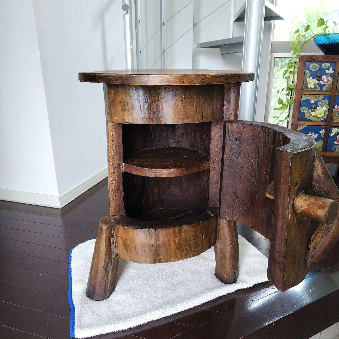 昭和レトロ当時物 原木 丸太テーブル 引き戸 収納付き