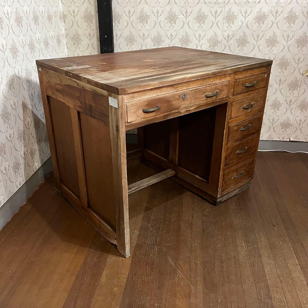 【アンティーク】昭和レトロ 木製 無垢材 片袖机 勉強机 デスク 古家具 古道具